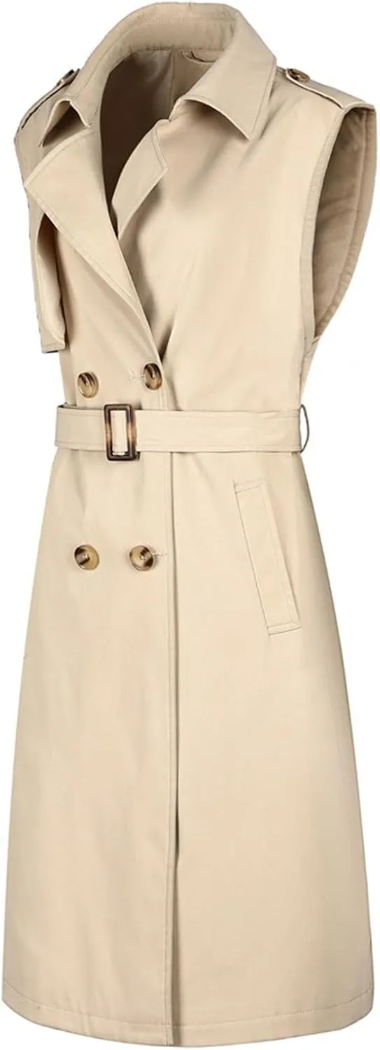 HGps8w Women's Chic Sleeveless Long Trench Coats Classic Lapel Double Breasted Mid-Length Belted Overcoat Dress Jacket