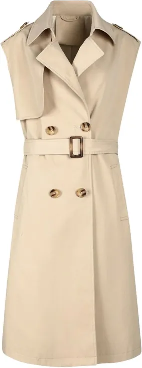 HGps8w Women's Chic Sleeveless Long Trench Coats Classic Lapel Double Breasted Mid-Length Belted Overcoat Dress Jacket