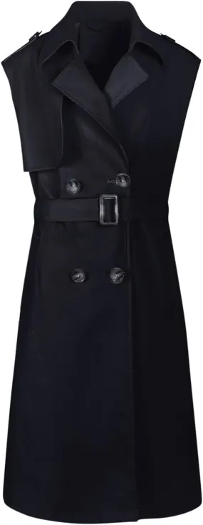 HGps8w Women's Chic Sleeveless Long Trench Coats Classic Lapel Double Breasted Mid-Length Belted Overcoat Dress Jacket