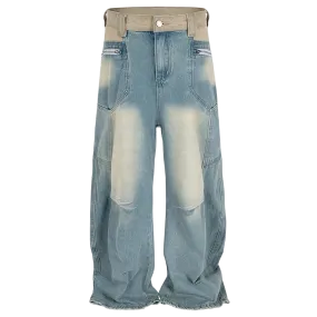 Khaki Panelled Two-Tone Baggy Denim Jeans