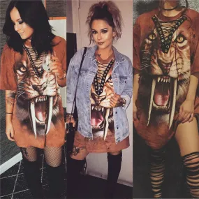 Lace up front tiger print tshirt dress/ top