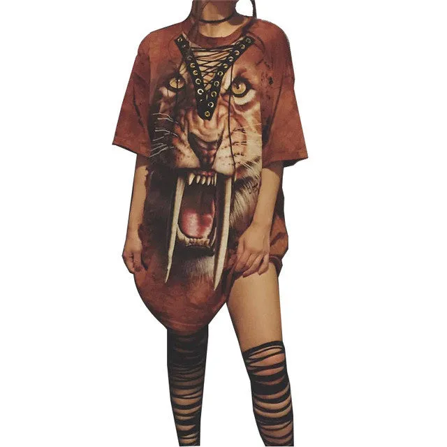 Lace up front tiger print tshirt dress/ top