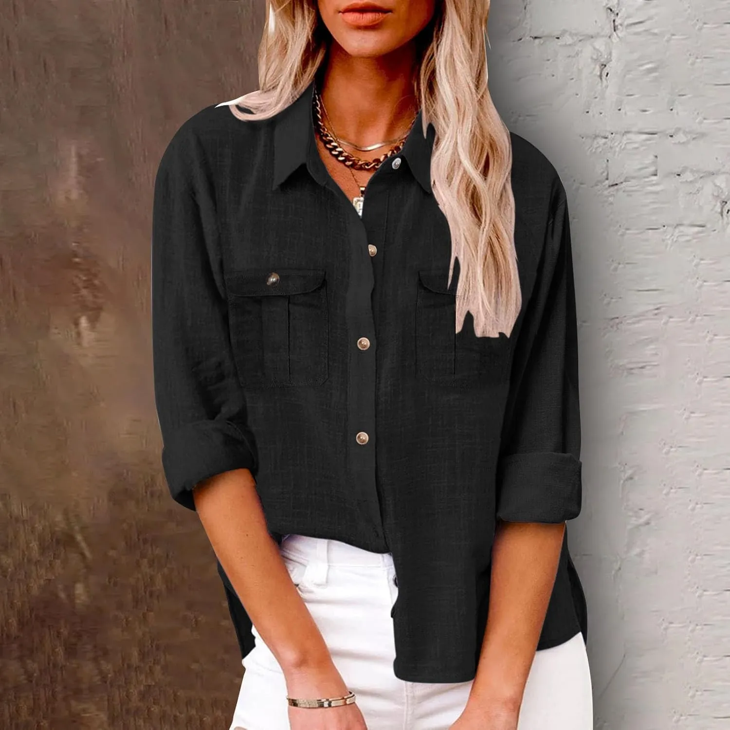 Linen Shirts for Women Summer Front Double Pockets Tops Tunic Linen Fabric Soft Breathable Blouses Fashion T Shirt