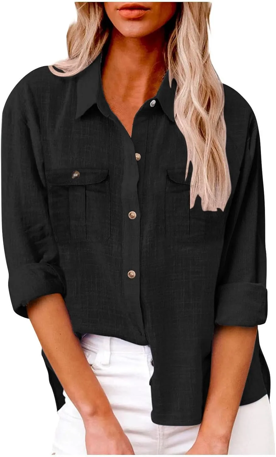 Linen Shirts for Women Summer Front Double Pockets Tops Tunic Linen Fabric Soft Breathable Blouses Fashion T Shirt