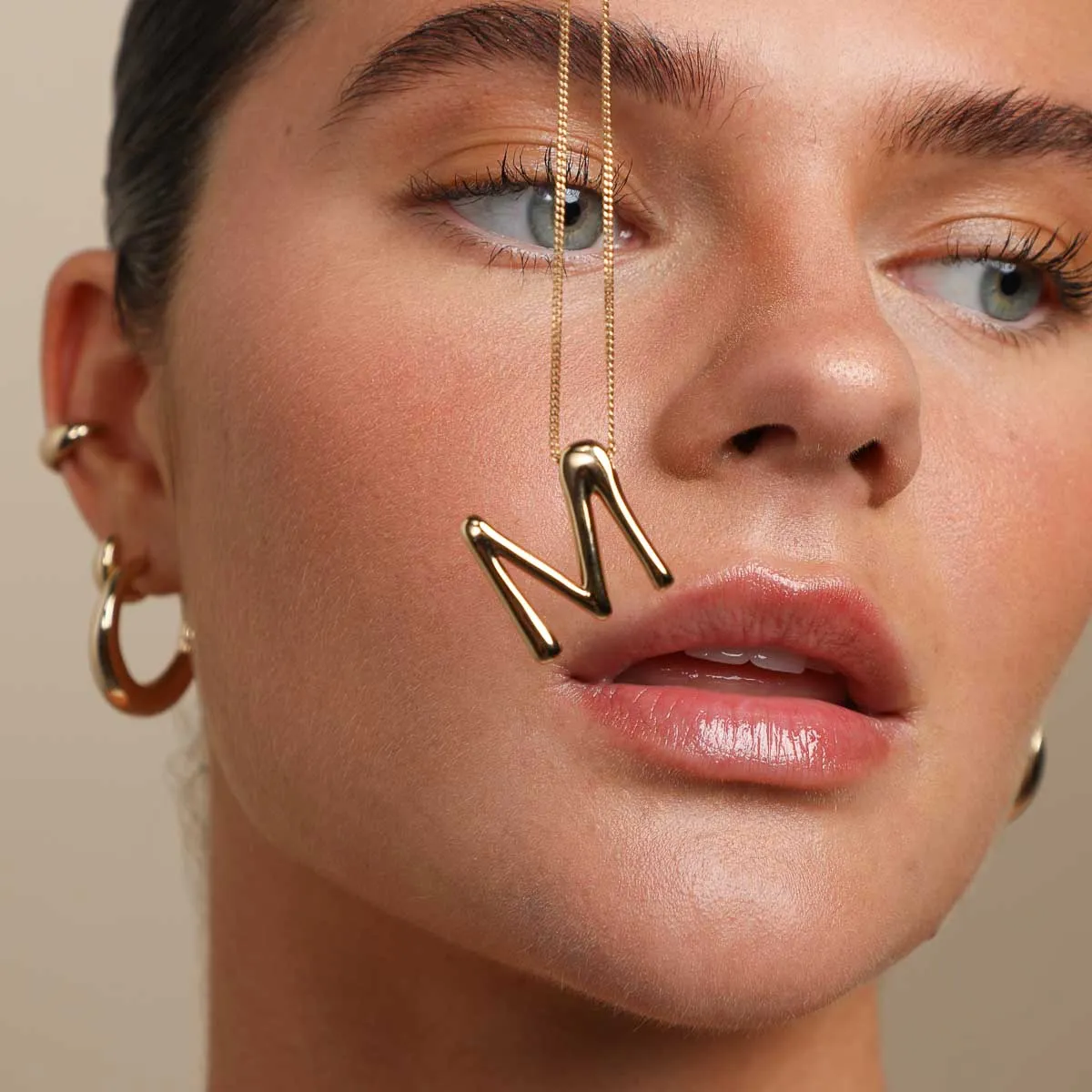 M Initial Bold Pendant Necklace in Gold