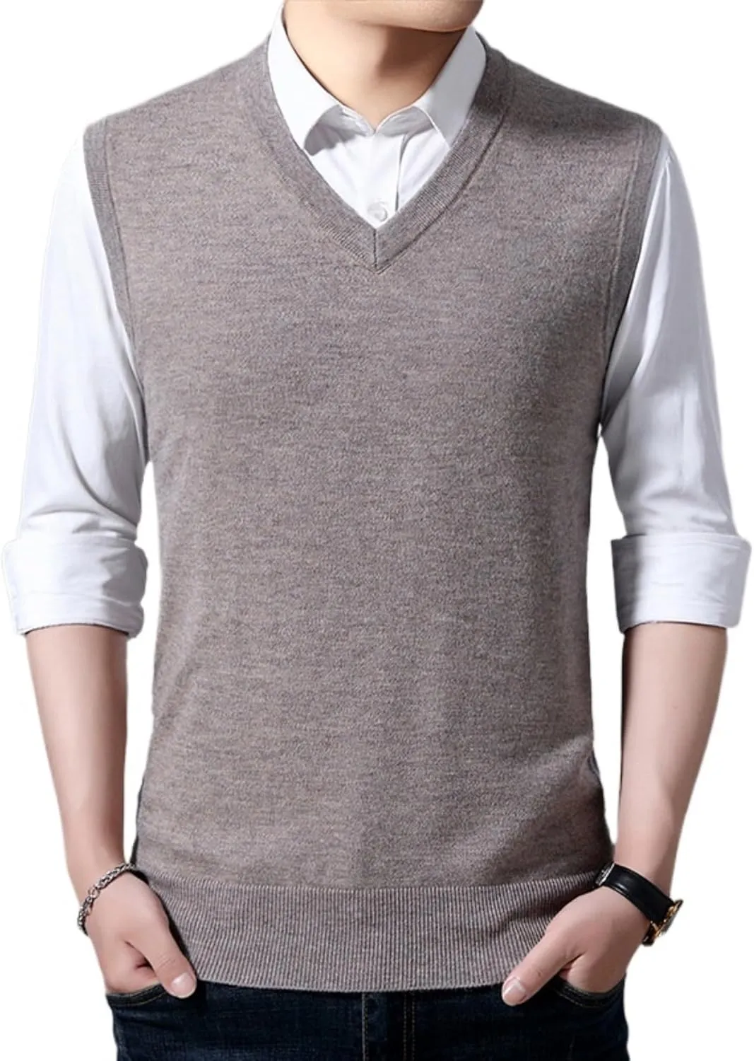Maiyifu-GJ Men's V-Neck Solid Color Stretchy Sweater Warm Pullover Casual Vests Slim Sleeveless Business Knitwear