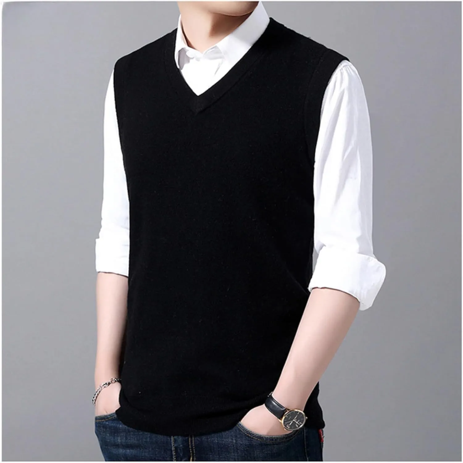 Maiyifu-GJ Men's V-Neck Solid Color Stretchy Sweater Warm Pullover Casual Vests Slim Sleeveless Business Knitwear