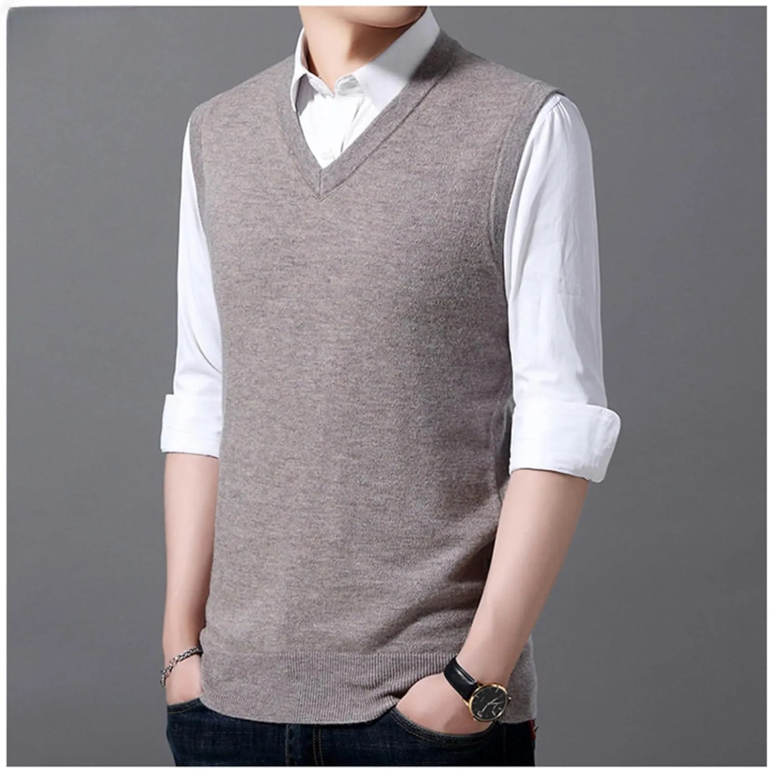 Maiyifu-GJ Men's V-Neck Solid Color Stretchy Sweater Warm Pullover Casual Vests Slim Sleeveless Business Knitwear