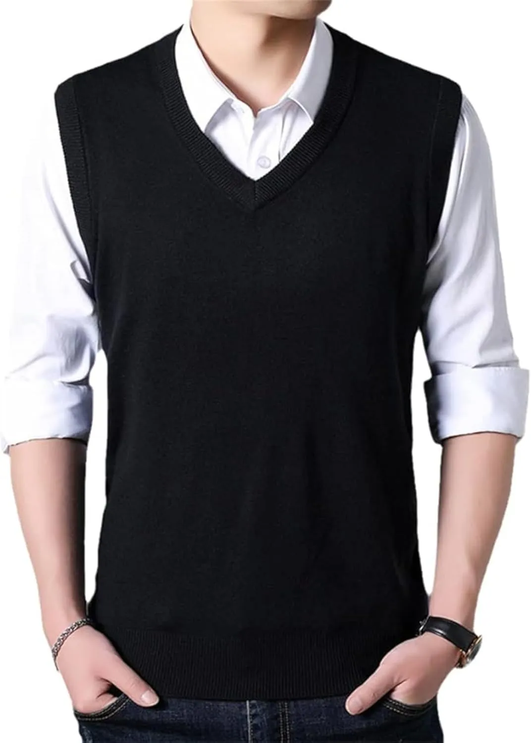 Maiyifu-GJ Men's V-Neck Solid Color Stretchy Sweater Warm Pullover Casual Vests Slim Sleeveless Business Knitwear