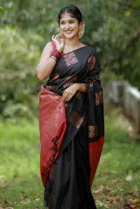 Marvellous Black Soft Silk Saree With Gleaming Blouse Piece
