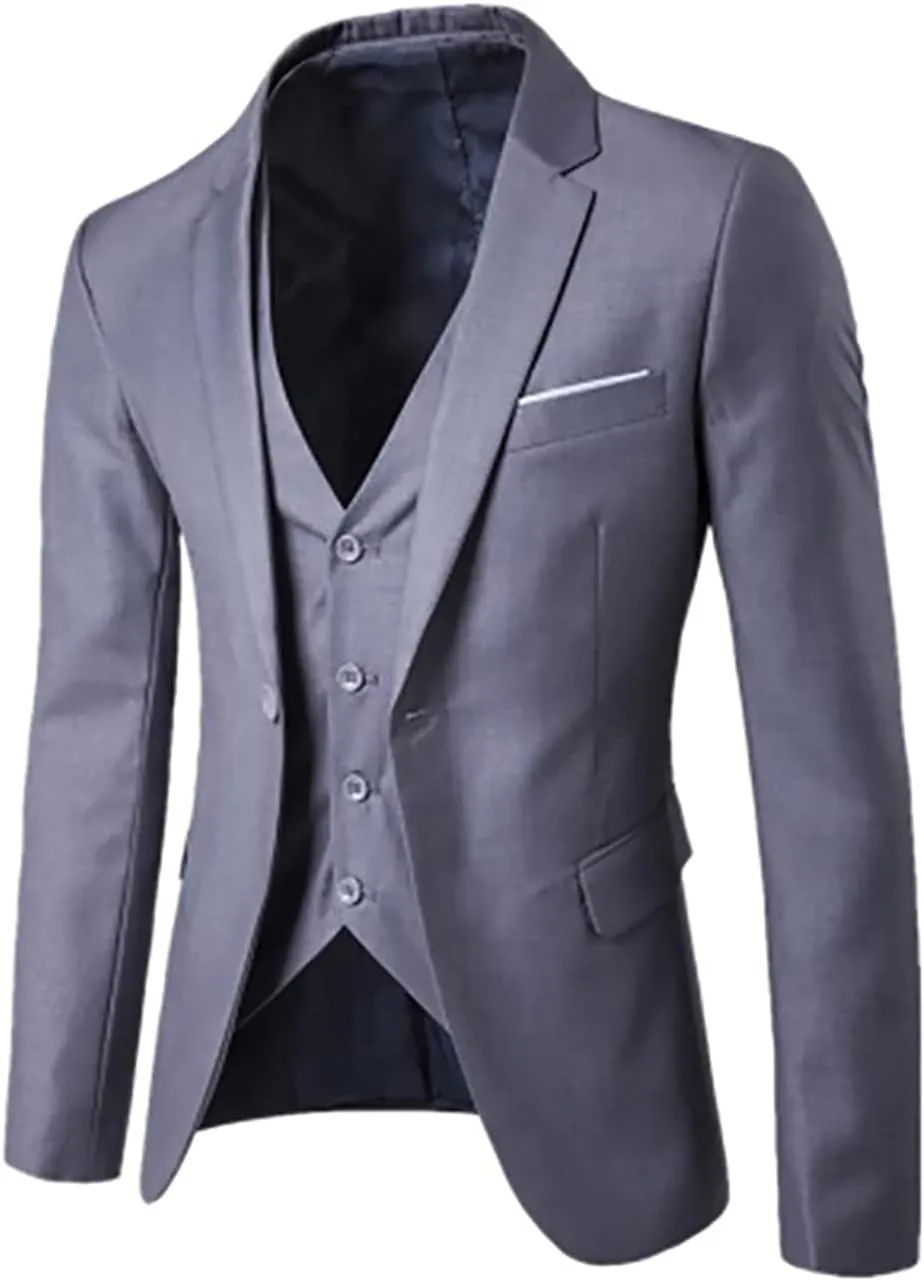 Mens 3 Piece Suit Blazer, Slim Fit Tux with One Button, Jacket Vest and Pants Set for Party, Wedding and Business