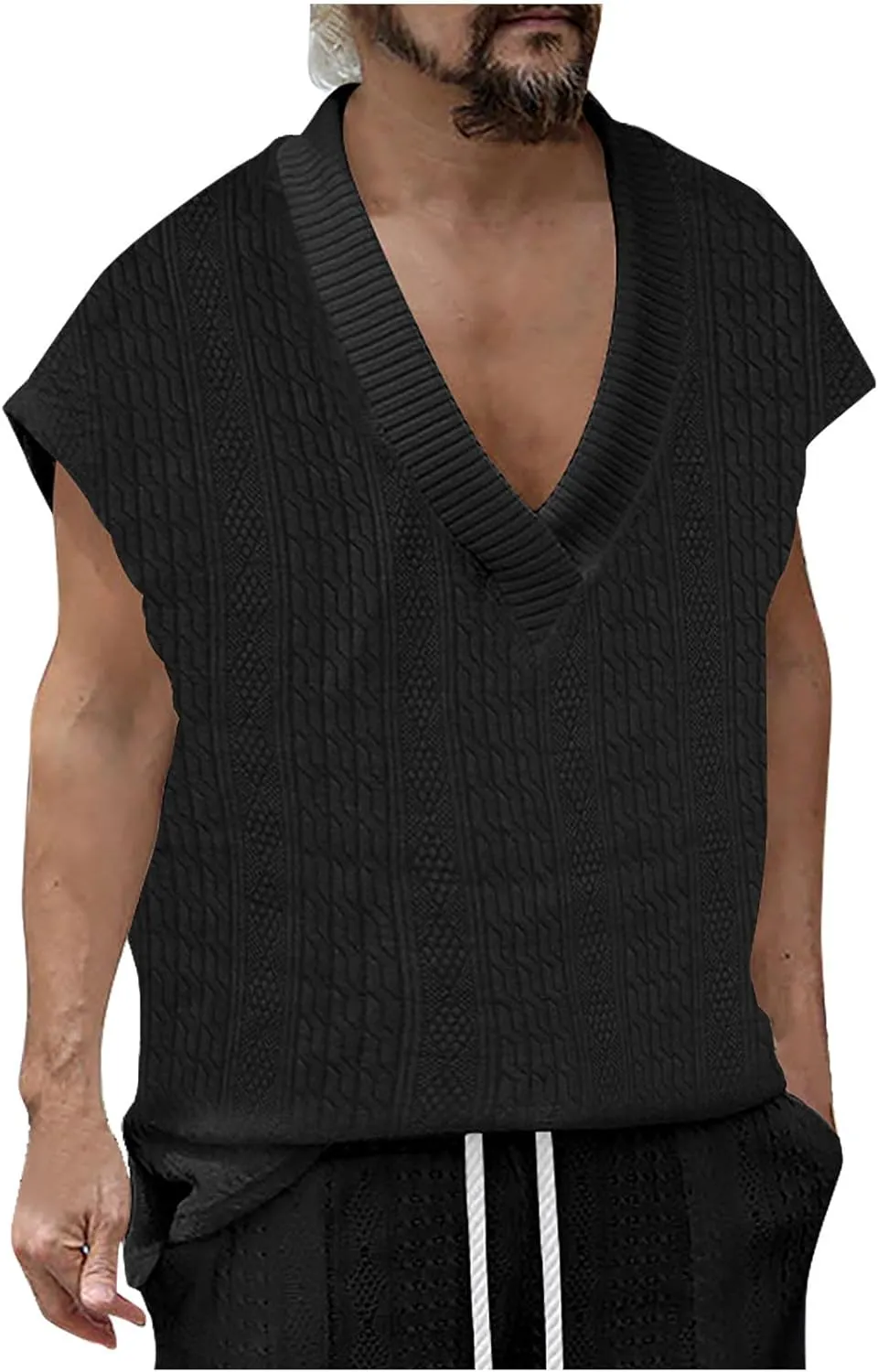 Men's Cable Knit Sweater Vests Cap Sleeve V Neck Loose Fit Jacquard Vest Tops Casual Summer Soft Lightweight Tank Top