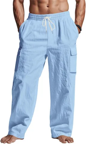 Mens Linen Cargo Pants Relaxed Fit Drawstring Waist Beach Pants with Pockets Casual Summer Lightweight Trousers