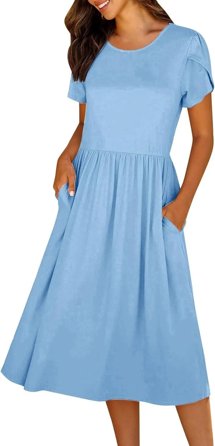 Midi Dresses for Women Short Sleeve Summer Casual Sundress A Line Wrap Elegant Crew Neck T Shirt Dress with Pockets