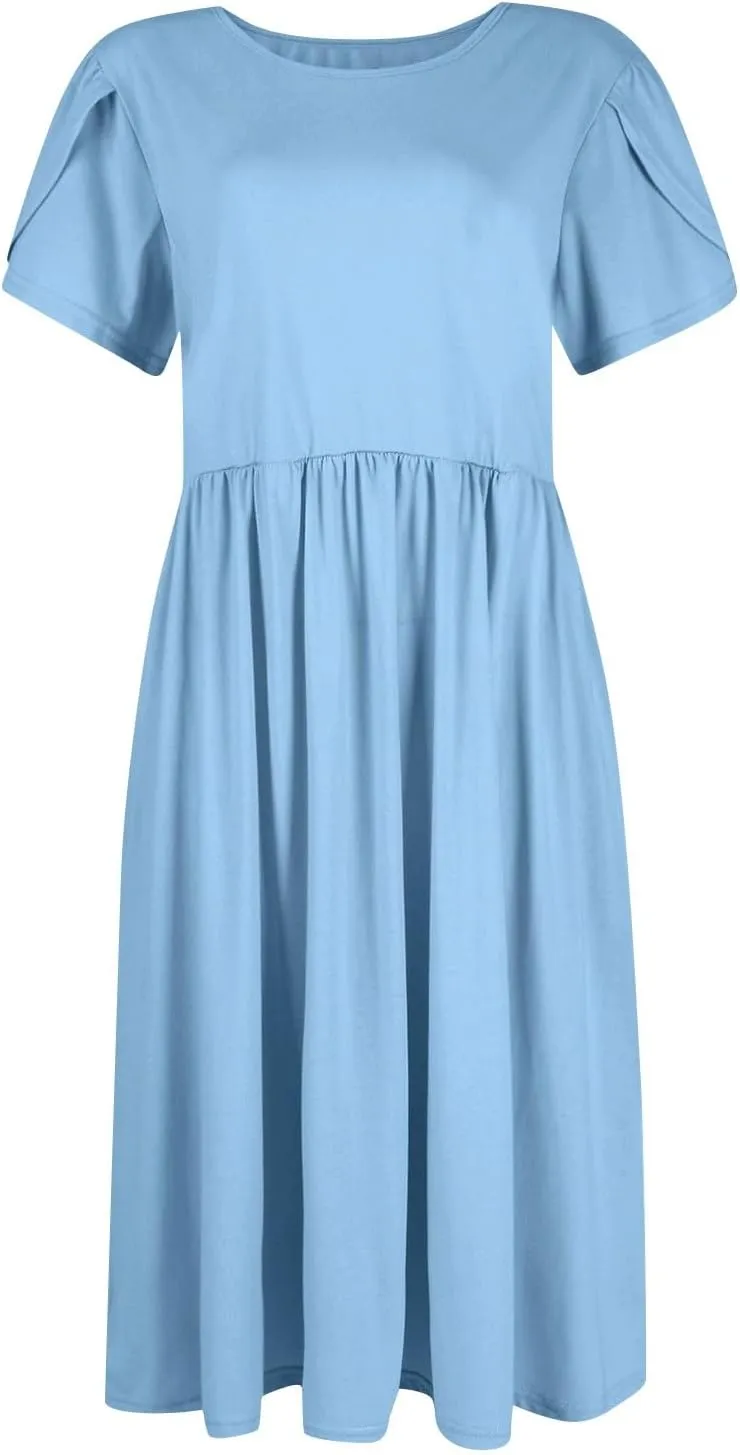 Midi Dresses for Women Short Sleeve Summer Casual Sundress A Line Wrap Elegant Crew Neck T Shirt Dress with Pockets