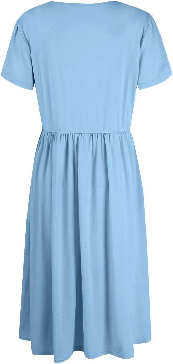 Midi Dresses for Women Short Sleeve Summer Casual Sundress A Line Wrap Elegant Crew Neck T Shirt Dress with Pockets