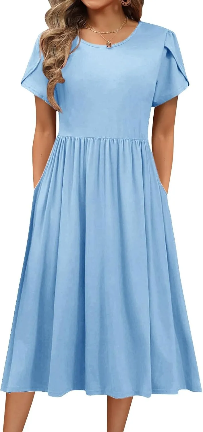 Midi Dresses for Women Short Sleeve Summer Casual Sundress A Line Wrap Elegant Crew Neck T Shirt Dress with Pockets