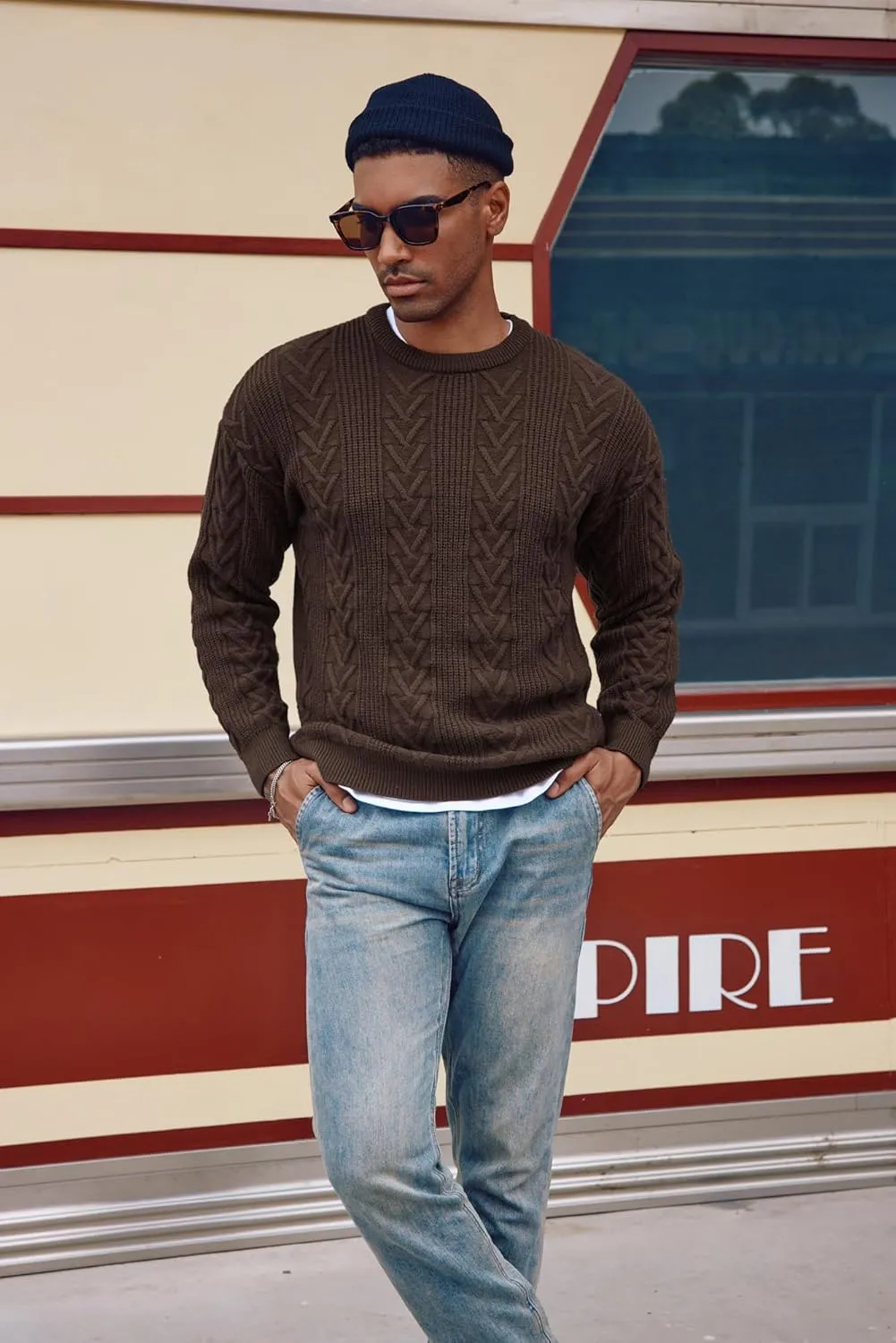 PJ PAUL JONES Mens Crewneck Sweater Casual Cable Knit Pullover Sweater Drop Shoulder Solid Knitted Sweaters