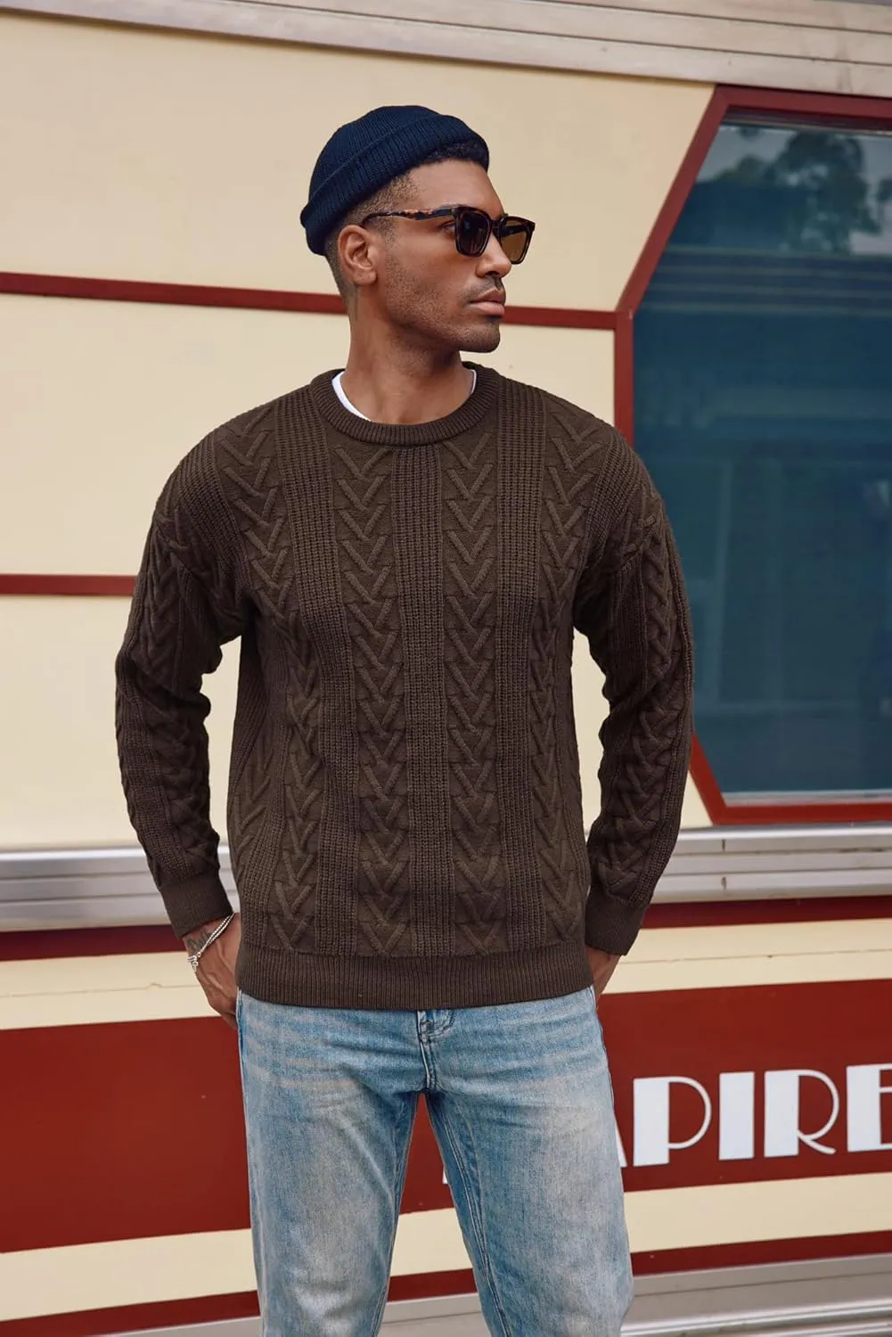 PJ PAUL JONES Mens Crewneck Sweater Casual Cable Knit Pullover Sweater Drop Shoulder Solid Knitted Sweaters