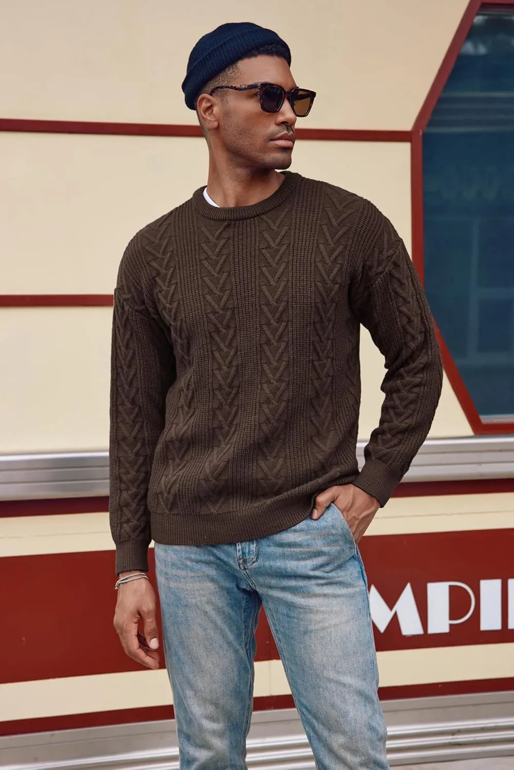 PJ PAUL JONES Mens Crewneck Sweater Casual Cable Knit Pullover Sweater Drop Shoulder Solid Knitted Sweaters
