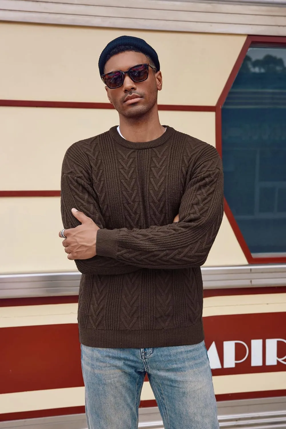 PJ PAUL JONES Mens Crewneck Sweater Casual Cable Knit Pullover Sweater Drop Shoulder Solid Knitted Sweaters