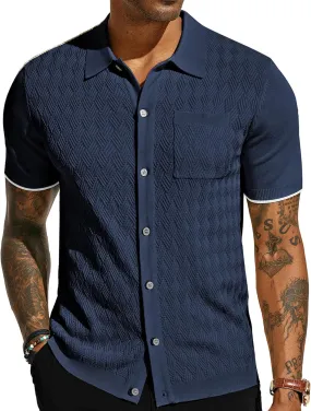 PJ PAUL JONES Mens Polo Shirt Short Sleeve Casual Knit Textured Button Down Polo Shirts with Pocket