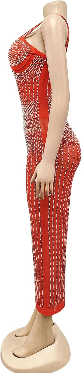 PURFUN Women Sexy See-Through Bodycon Dress with Rhinestones, Chic Spaghetti Strap Sleeveless Evening Dress Night Clubwear