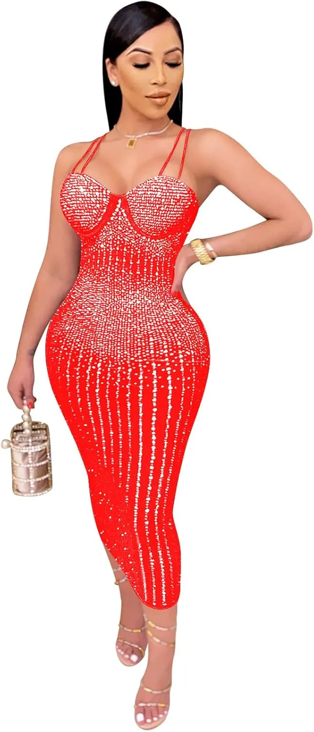 PURFUN Women Sexy See-Through Bodycon Dress with Rhinestones, Chic Spaghetti Strap Sleeveless Evening Dress Night Clubwear