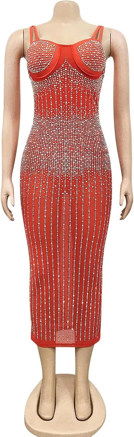 PURFUN Women Sexy See-Through Bodycon Dress with Rhinestones, Chic Spaghetti Strap Sleeveless Evening Dress Night Clubwear