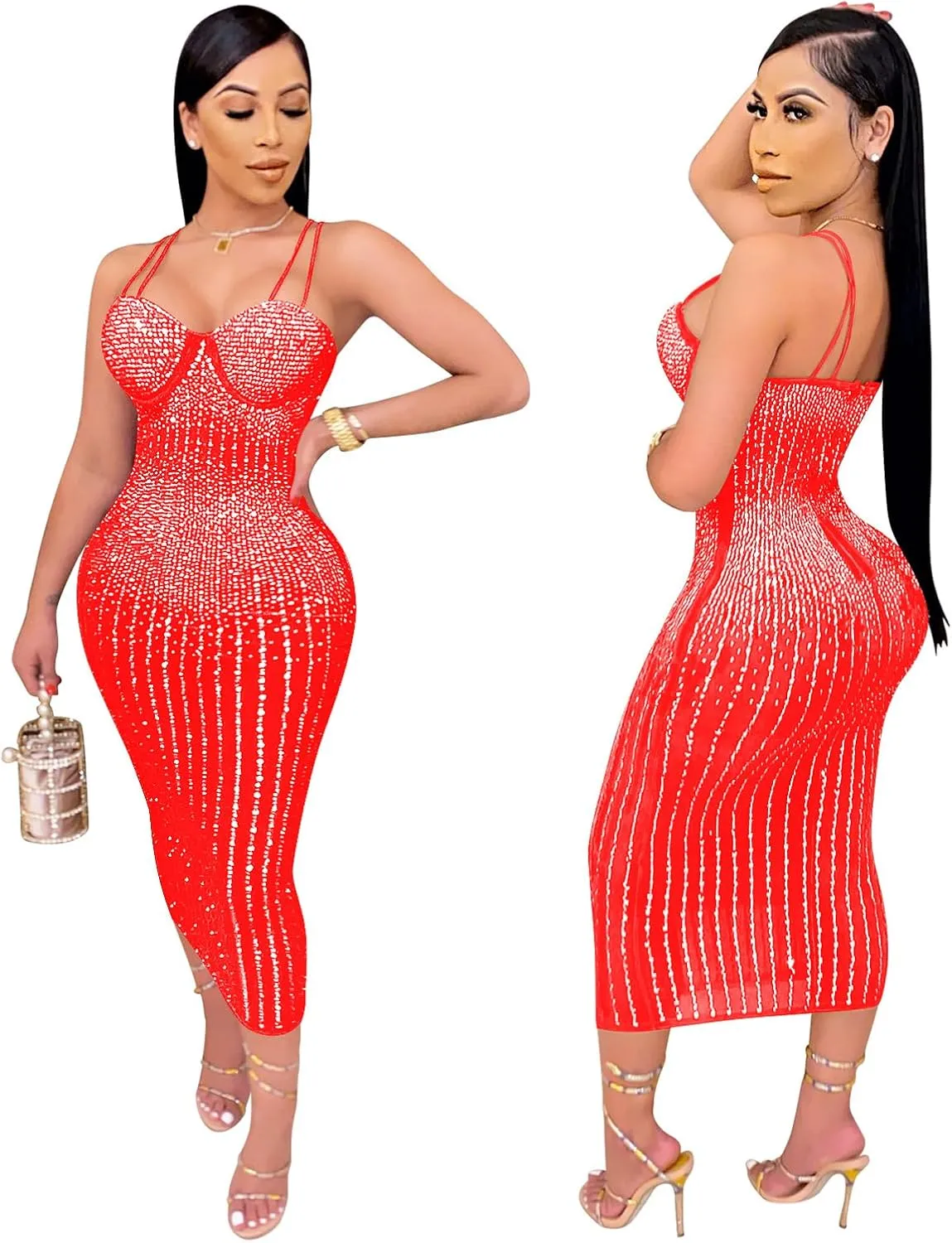PURFUN Women Sexy See-Through Bodycon Dress with Rhinestones, Chic Spaghetti Strap Sleeveless Evening Dress Night Clubwear