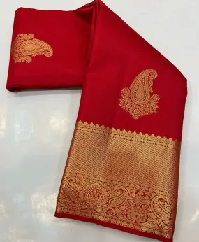 Ravishing Red Soft Silk Saree With Ornate Blouse Piece