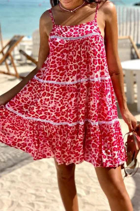 Rose Leopard Print Lace Trim Flared Mini Sundress