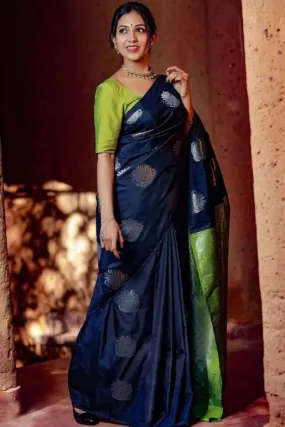 Sophisticated Navy Blue Soft Silk Saree With Flaunt Blouse Piece