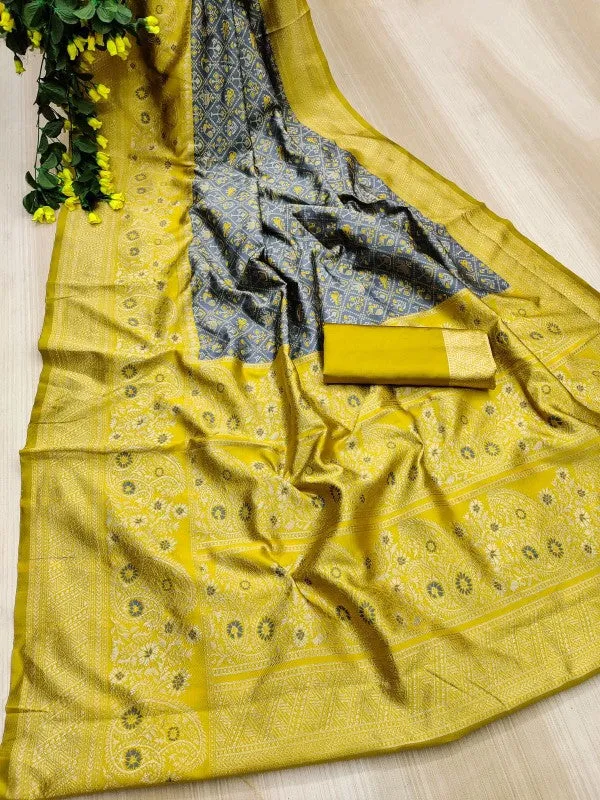 Stunner Grey Soft Silk Saree With Prominent Blouse Piece