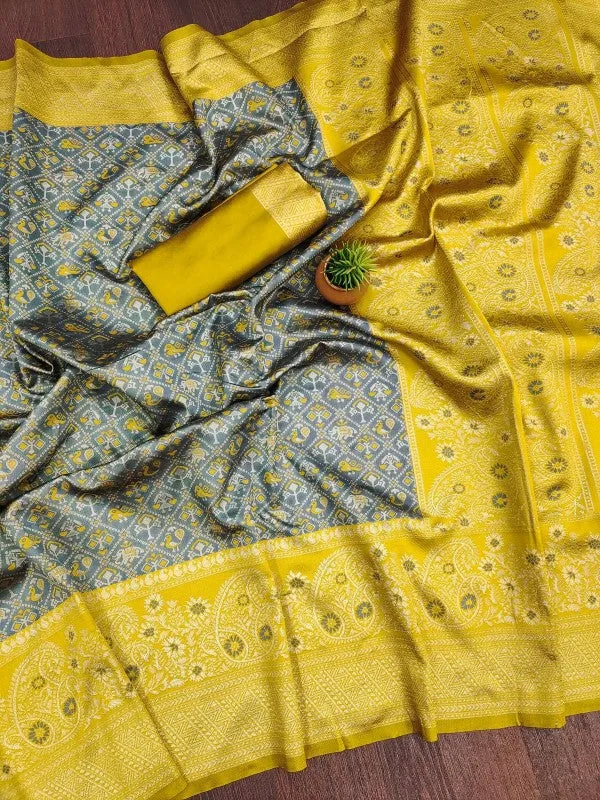 Stunner Grey Soft Silk Saree With Prominent Blouse Piece