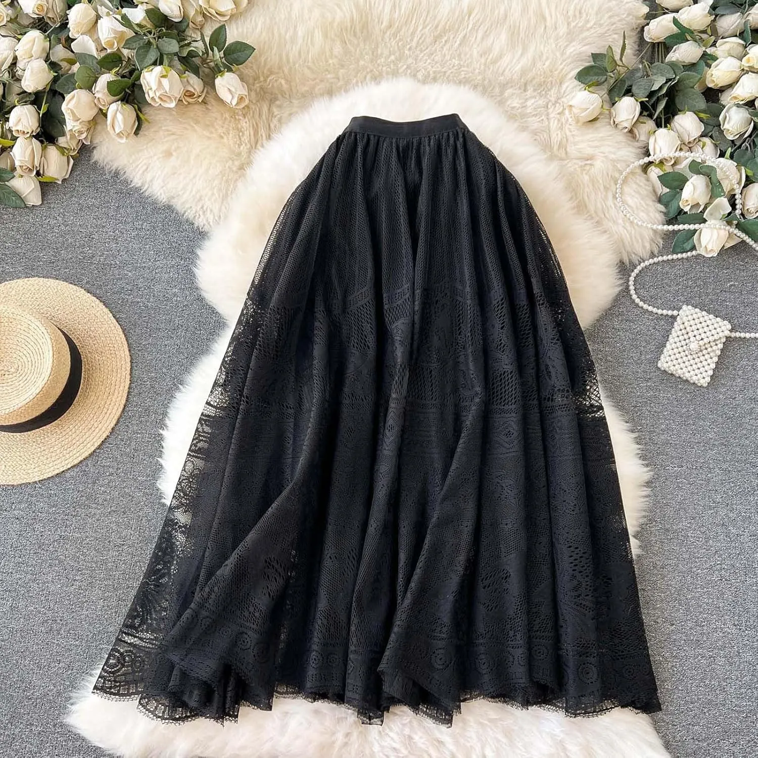 Sweet Lace Crochet Butterfly Skirts Women's Bohemian Style Elastic Waist Solid Color Tiered Maxi Skirt Chic Dress