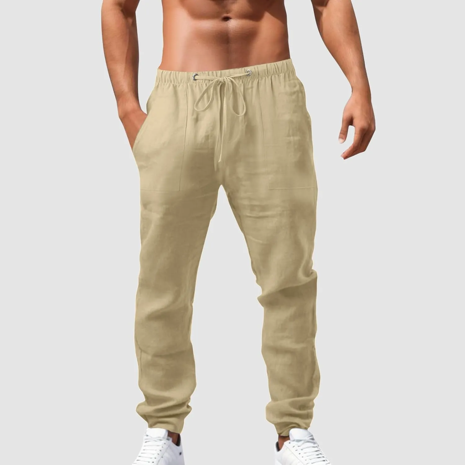 Trendy Pants for Men Summer Slim Leg Drawstring Elastic Waist Pockets Comfortable Soft Fit Elasticity Fresh Trousers