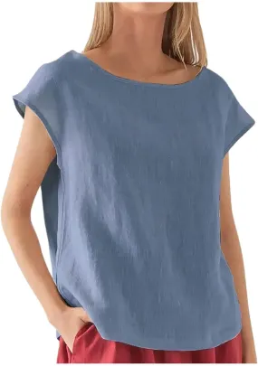 Women Casual T-Shirts 2025 Summer Outdoor Solid Tee Basic Loose Fit Soft Blouse Boat Neck Cotton Linen Comfy Tops