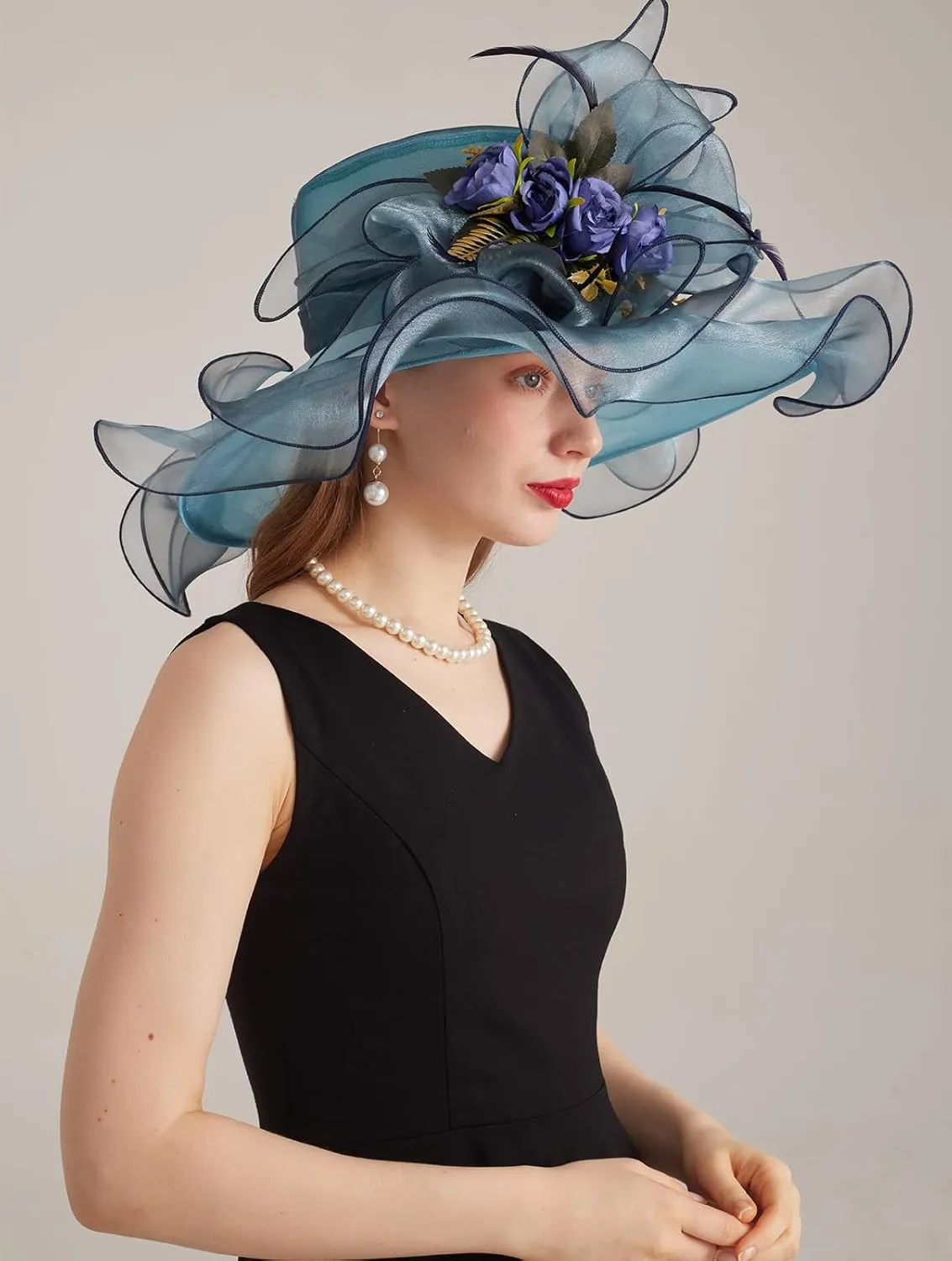 Women Derby Church Organza Flower Wedding Tea Party Fascinator Wide Brim Sun Hat