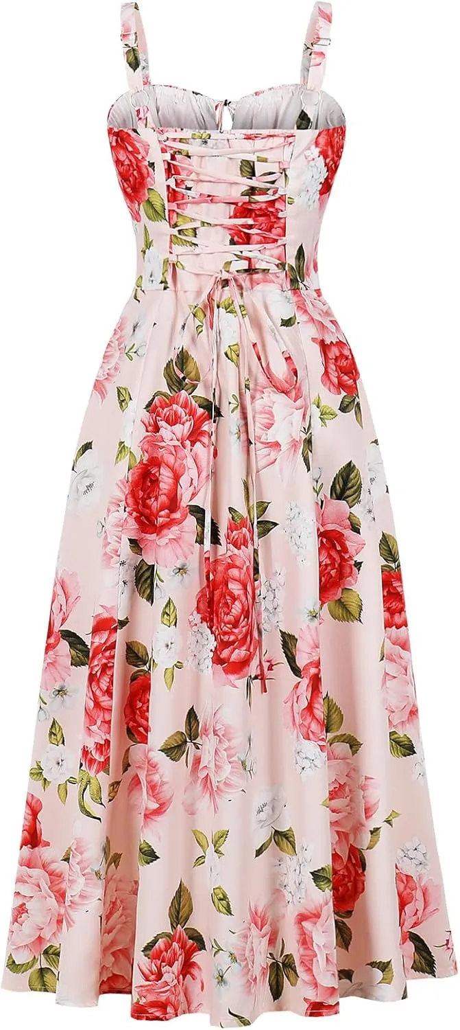 Women Floral Corset Dress, Boho Summer Spaghetti Straps Square Neck Casual Midi Dress Flowy Slit Bustier Dresses
