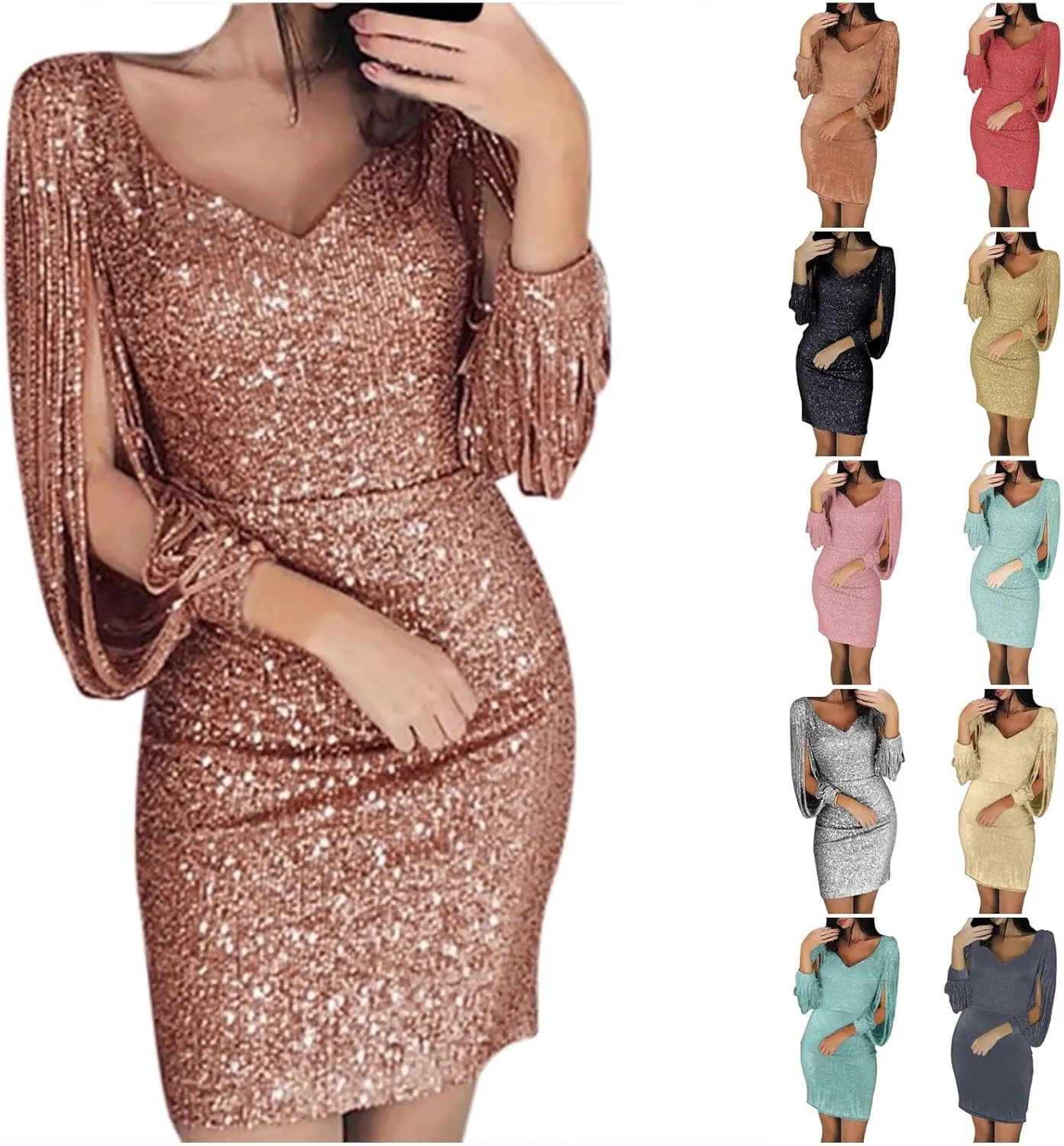 Women Sexy Hollow Tassel Sleeve Sequin Stitching Dress Stylish Glitter V Neck Bodycon Dress 2024 Club Cocktail Dress