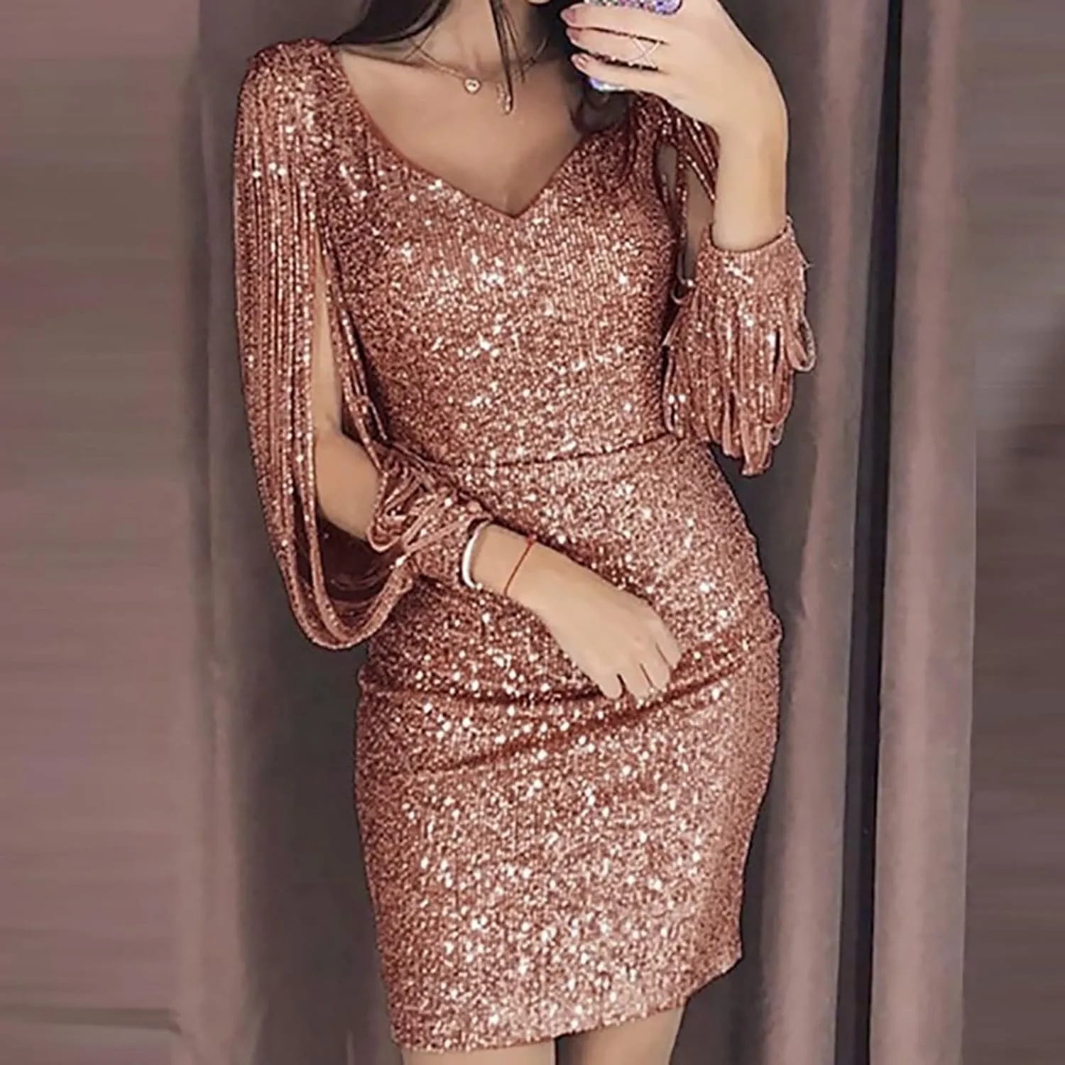 Women Sexy Hollow Tassel Sleeve Sequin Stitching Dress Stylish Glitter V Neck Bodycon Dress 2024 Club Cocktail Dress
