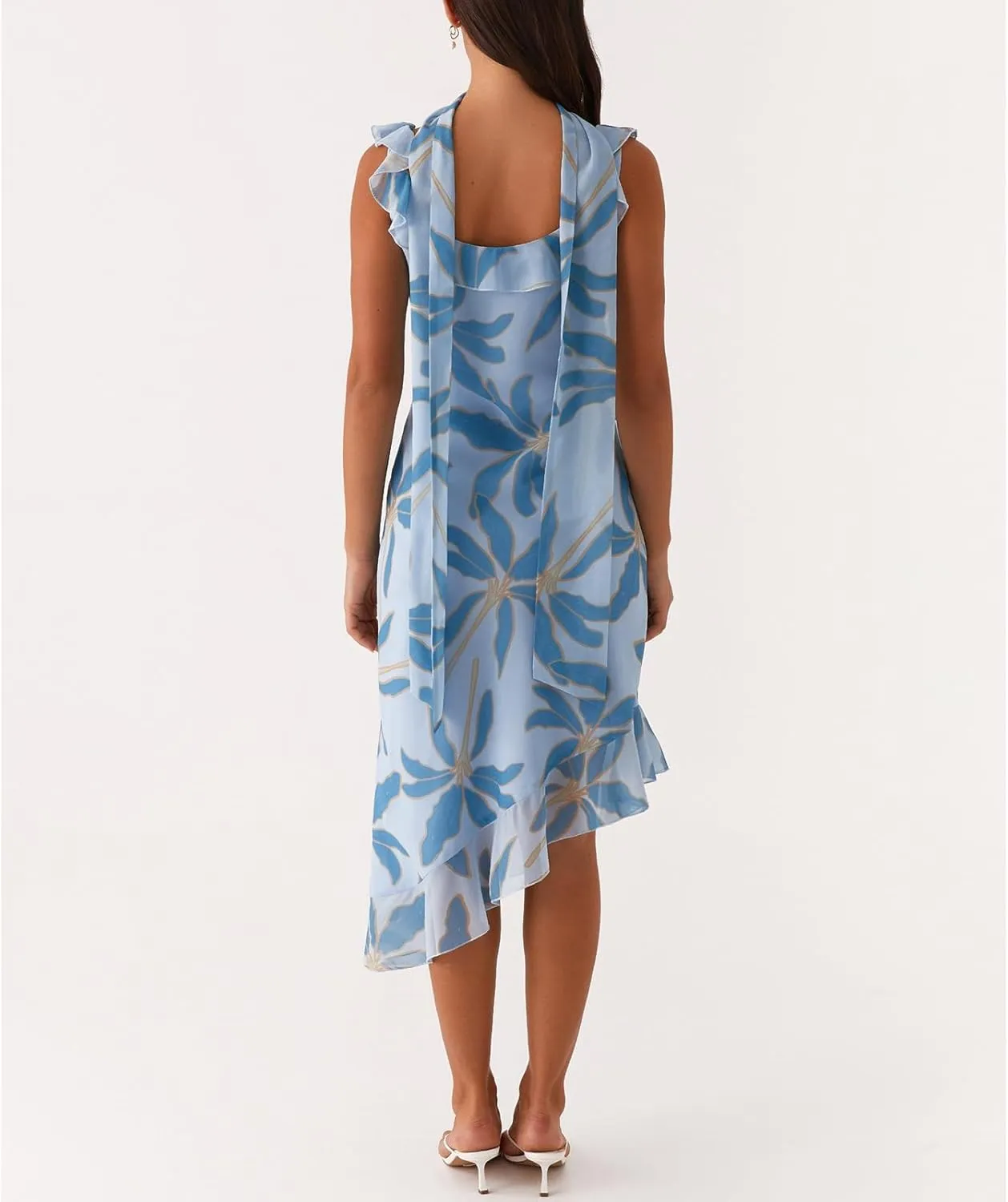 Women Y2k High Slit Maxi Dress Ruffle Floral Ptint Backless Sleeveless Strapless Dresses Sexy Mesh Bodycon Sundress