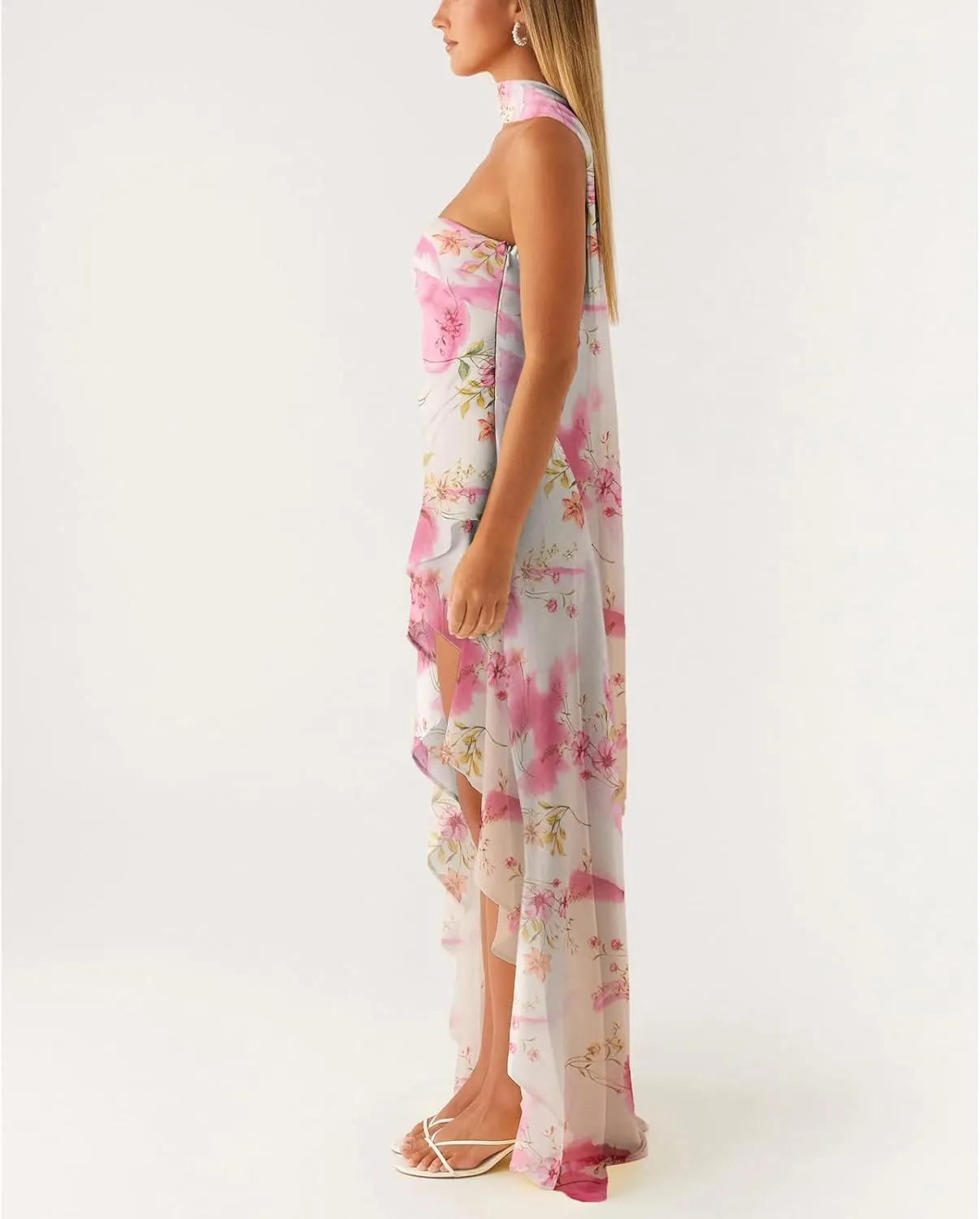 Women Y2k High Slit Maxi Dress Ruffle Floral Ptint Backless Sleeveless Strapless Dresses Sexy Mesh Bodycon Sundress
