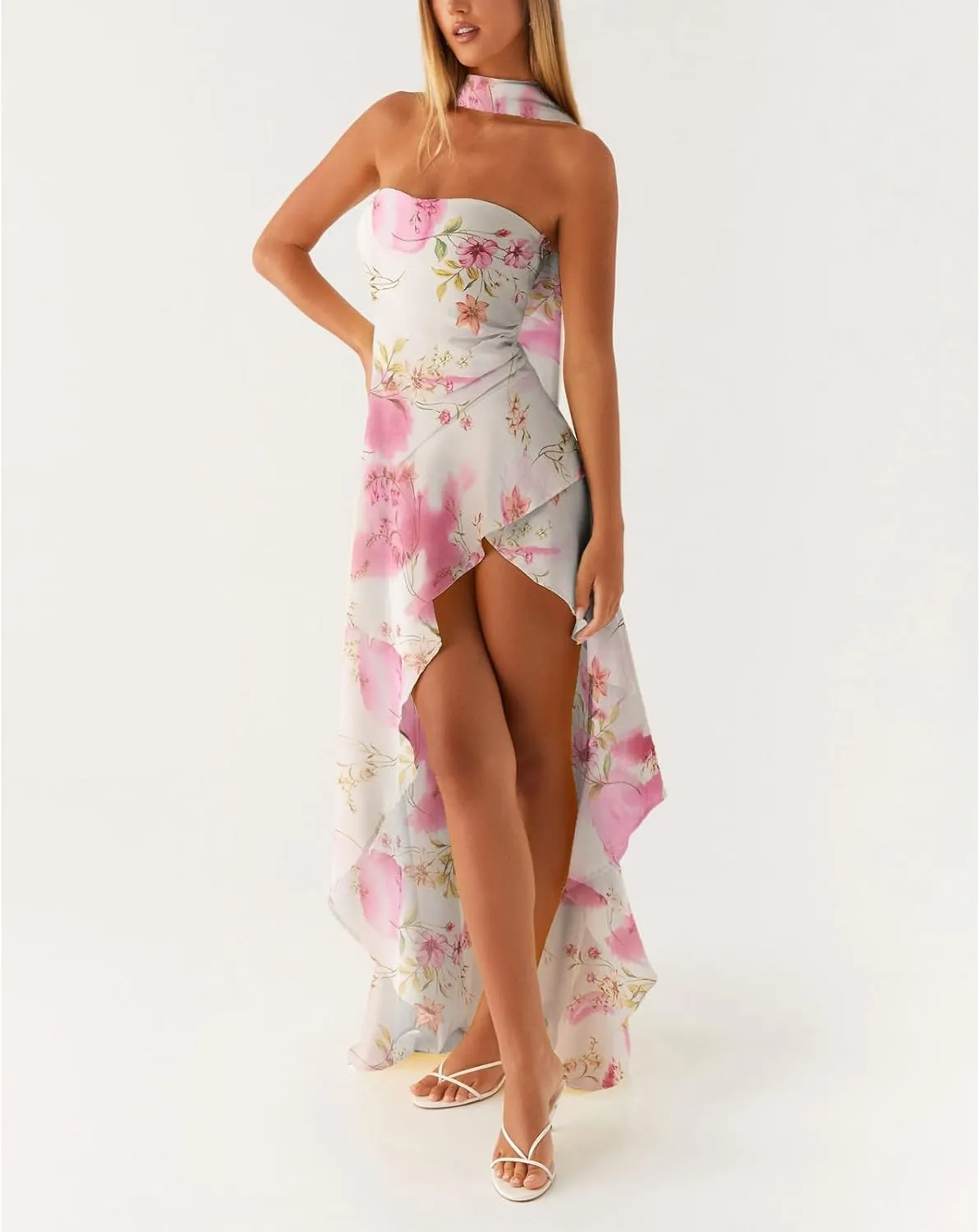 Women Y2k High Slit Maxi Dress Ruffle Floral Ptint Backless Sleeveless Strapless Dresses Sexy Mesh Bodycon Sundress