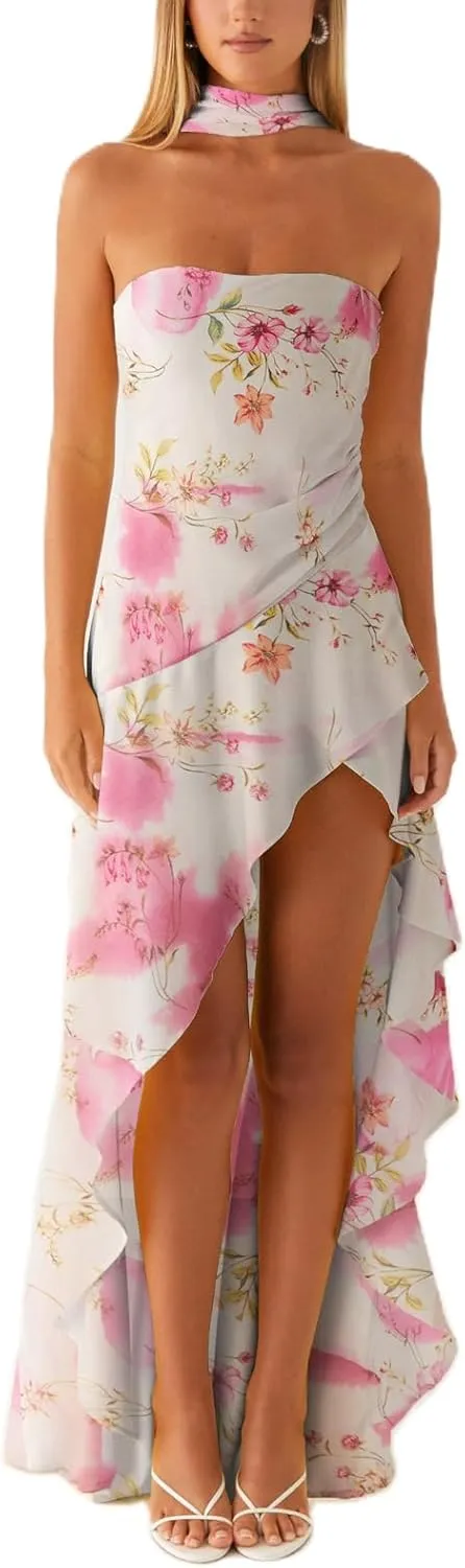 Women Y2k High Slit Maxi Dress Ruffle Floral Ptint Backless Sleeveless Strapless Dresses Sexy Mesh Bodycon Sundress