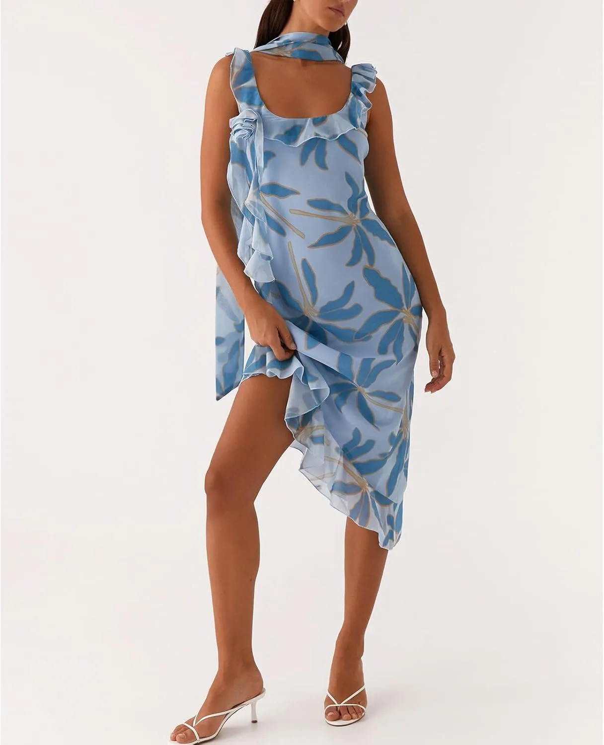 Women Y2k High Slit Maxi Dress Ruffle Floral Ptint Backless Sleeveless Strapless Dresses Sexy Mesh Bodycon Sundress