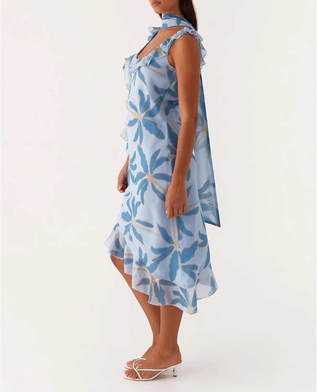 Women Y2k High Slit Maxi Dress Ruffle Floral Ptint Backless Sleeveless Strapless Dresses Sexy Mesh Bodycon Sundress