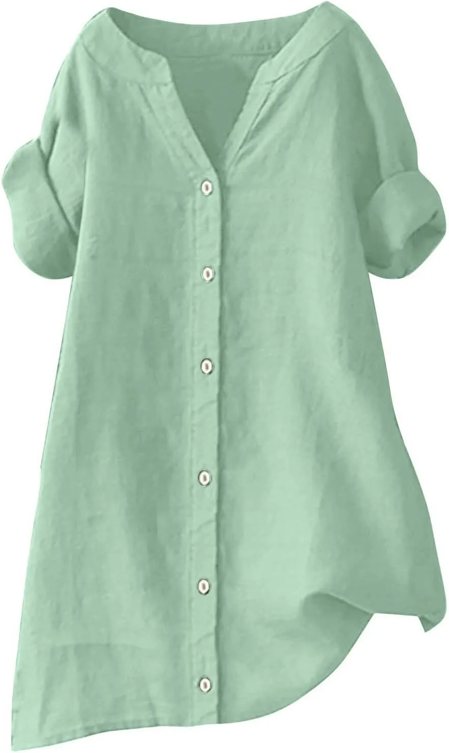 Women's Buttons Shirt Linen Long/Roll Up Sleeve V-Neck Soft Shirt Casual Loose Fit Office Blouses Tunic Tops
