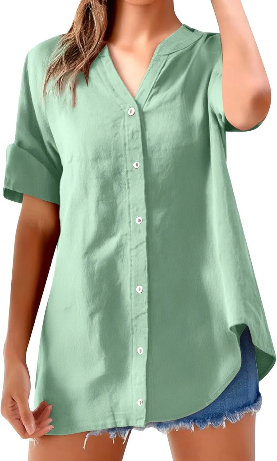 Women's Buttons Shirt Linen Long/Roll Up Sleeve V-Neck Soft Shirt Casual Loose Fit Office Blouses Tunic Tops